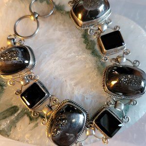 Vintage Gorgeous Black Druzy  Faceted black onyx Sterling Bracelet  8 1/4"